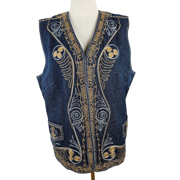 Coldwater Creek Denim Vest Large Embroidered Boho Southwest Festival Art to Wear - Picture 1 of 12